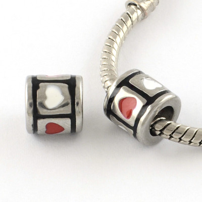 Bead with heart white and red surgical steel enamel