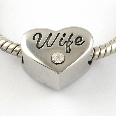 Bead with inscription Wife and crystal color rhinestone from surgical steel