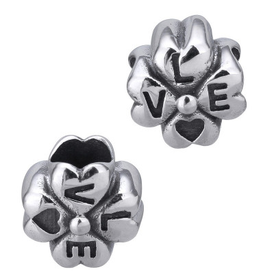 Surgical steel four-leaf bead with inscription Love
