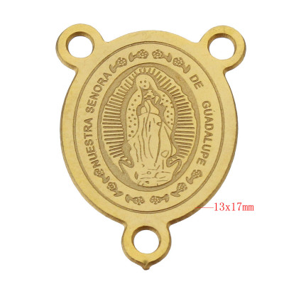 Connector with religious motifs of surgical steel in gold plating