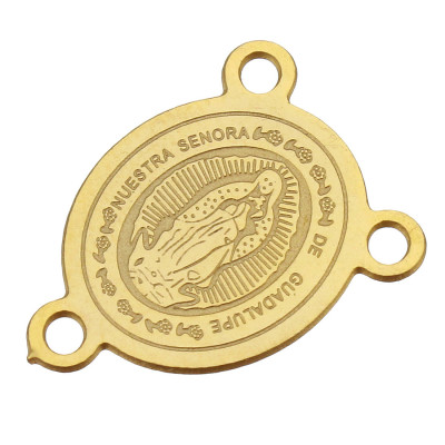 Connector with religious motifs of surgical steel in gold plating