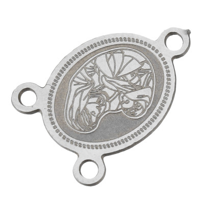 Connector with religious motifs of surgical steel