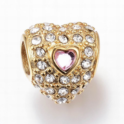 Heart-shaped bead with colored stone in the middle of surgical steel and gold plating