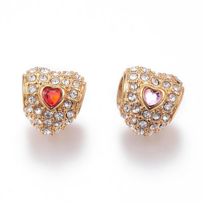 Heart-shaped bead with colored stone in the middle of surgical steel and gold plating
