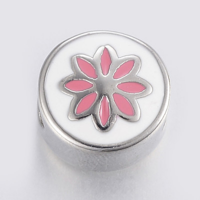 Bead with flower made of pink enamel and made of surgical steel