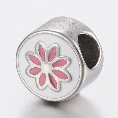 Bead with flower made of pink enamel and made of surgical steel