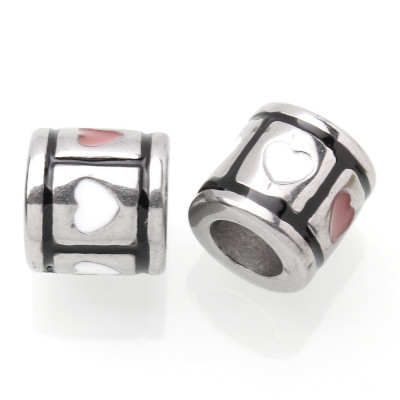 Bead with heart white and red surgical steel enamel