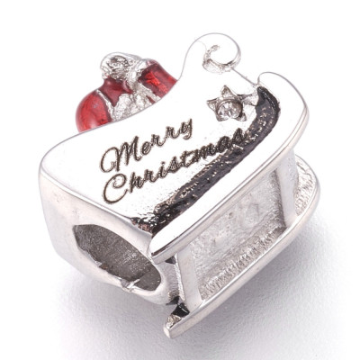 Santa Claus bead on sled and inscription Merry Christmass surgical steel
