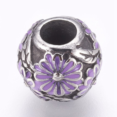 Bead with purple enamel flower made of surgical steel