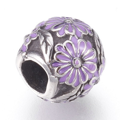 Bead with purple enamel flower made of surgical steel