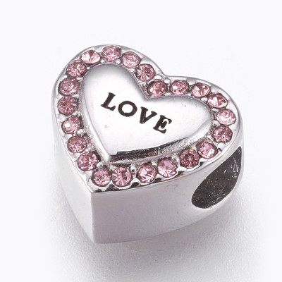 Heart bead with pink rhinestones and LOVE inscription made of surgical steel