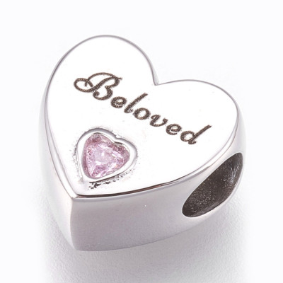 Bead polished heart with inscription Beloved and pink rhinestone surgical steel