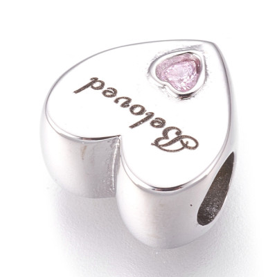Bead polished heart with inscription Beloved and pink rhinestone surgical steel