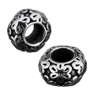 Bead with flowers in antique silver patina of surgical steel