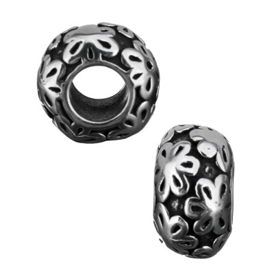 Bead with flowers in antique silver patina of surgical steel