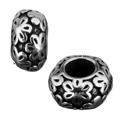 Bead with flowers in antique silver patina of surgical steel