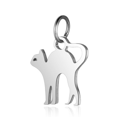 Cat pendant with curved back in three color combinations of surgical steel