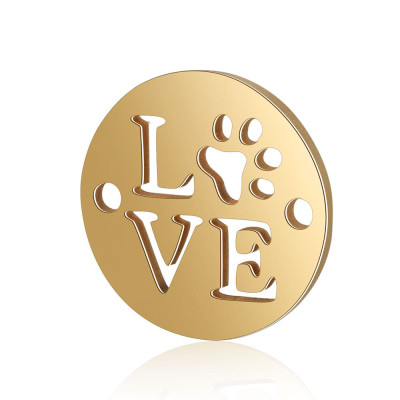 Badge connector with the inscription Love in two color combinations of surgical steel