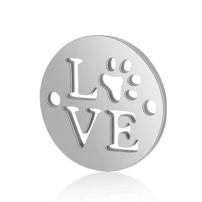Badge connector with the inscription Love in two color combinations of surgical steel