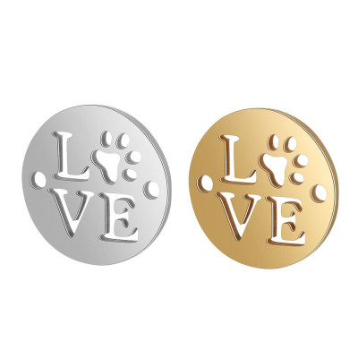 Badge connector with the inscription Love in two color combinations of surgical steel