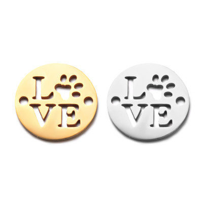 Badge connector with the inscription Love in two color combinations of surgical steel