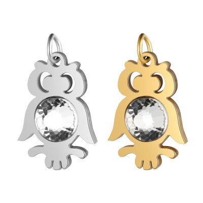 Pendant owl with chaton rose color Crystal in two color combinations surgical steel