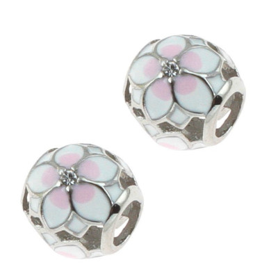 Bead with white pink email flower and surgical steel crystal chaton