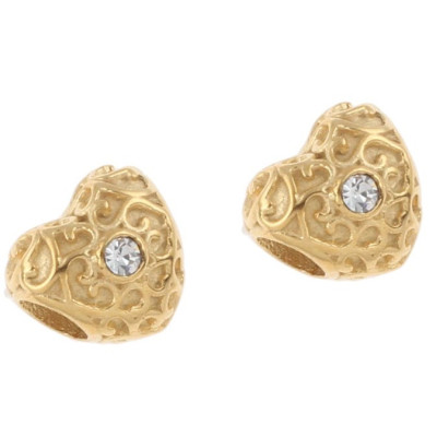 Heart bead with ornaments and golden rhinestone galvanized surgical steel