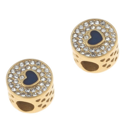 Bead decorated with heart and chatons gold galvanized surgical steel