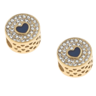 Bead decorated with heart and chatons gold galvanized surgical steel