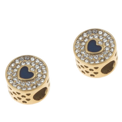 Bead decorated with heart and chatons gold galvanized surgical steel