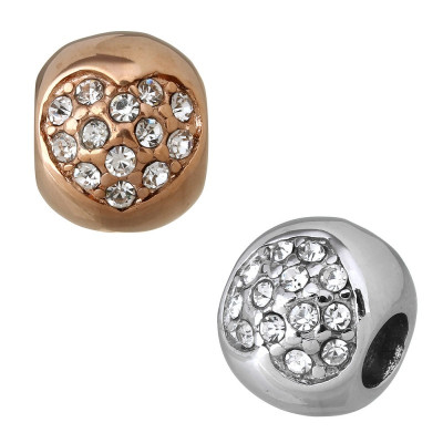 Bead decorated with heart-shaped chatons, surgical steel