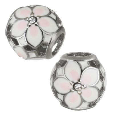 Bead with white pink email flower and surgical steel crystal chaton
