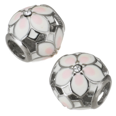 Bead with white pink email flower and surgical steel crystal chaton