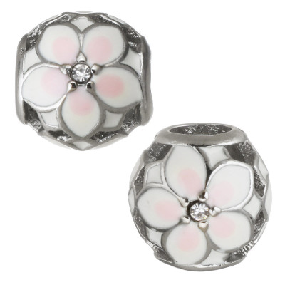 Bead with white pink email flower and surgical steel crystal chaton
