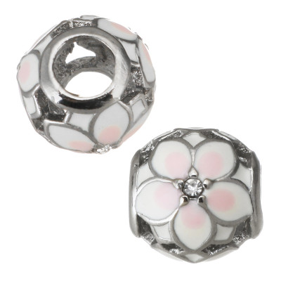Bead with white pink email flower and surgical steel crystal chaton