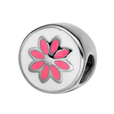 Bead with flower made of pink enamel and made of surgical steel