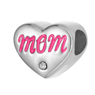 Korálek s růžovým nápisem Mom a šatonem Crystal z chirurgické oceli