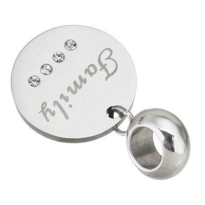 Eyelet with a wheel pendant with the words Family, Friend or Forever surgical steel