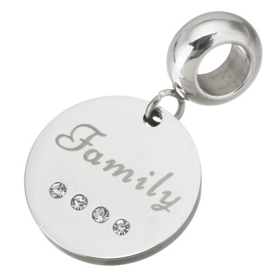 Eyelet with a wheel pendant with the words Family, Friend or Forever surgical steel
