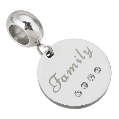 Eyelet with a wheel pendant with the words Family, Friend or Forever surgical steel
