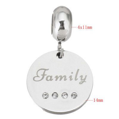 Eyelet with a wheel pendant with the words Family, Friend or Forever surgical steel