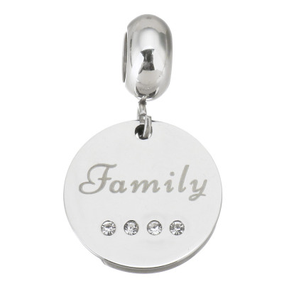 Eyelet with a wheel pendant with the words Family, Friend or Forever surgical steel
