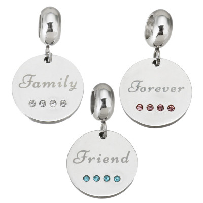 Eyelet with a wheel pendant with the words Family, Friend or Forever surgical steel