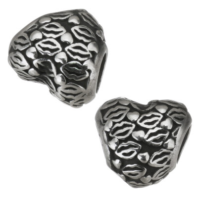 Bead heart decorated with hearts and lips gold galvanized surgical steel