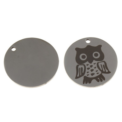 Round pendant with engraved owl in the middle of surgical steel