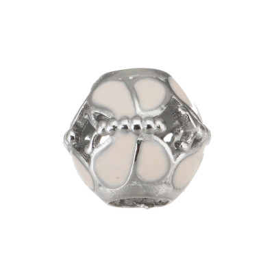 Bead with large draw-through cut bow tie with pink enamel surgical steel