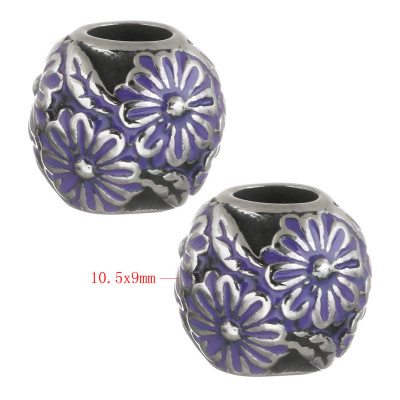 Bead with purple enamel flower made of surgical steel