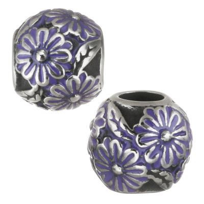 Bead with purple enamel flower made of surgical steel