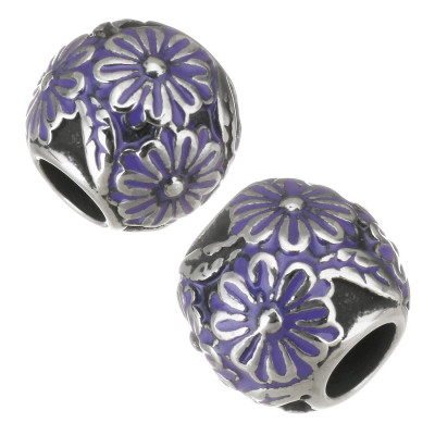 Bead with purple enamel flower made of surgical steel